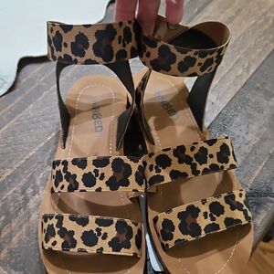 Leopard Print Strappy Wedge Sandals - Women